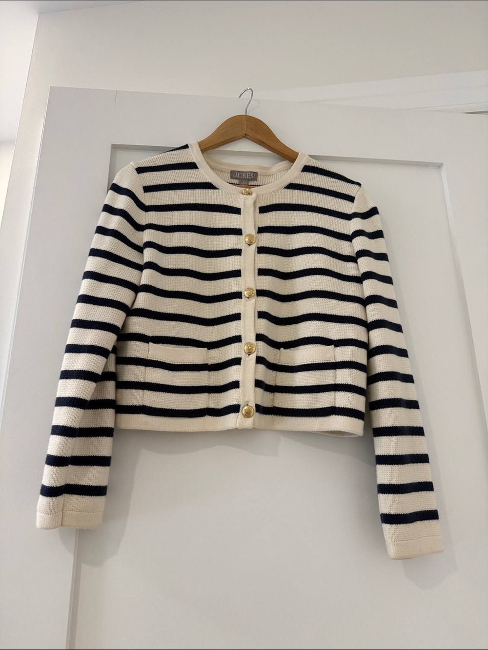 J.Crew Cream and Navy Striped Button Cardigan